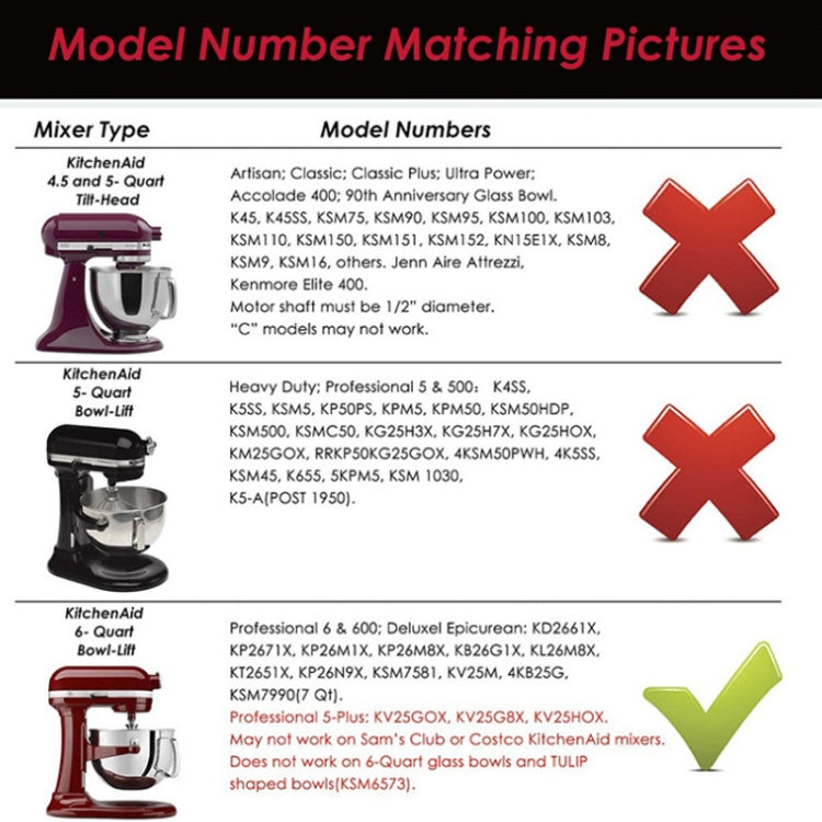 KitchenAid 6-Quart model compatibility chart for this flexible edge whisk paddle.