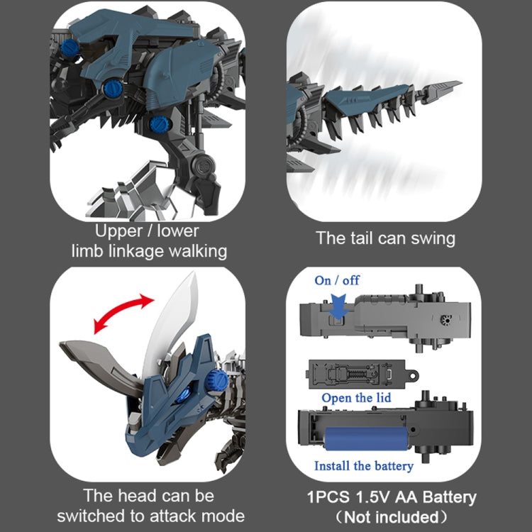Blue electric animal robot toy with movable tail, head, and on/off battery compartment