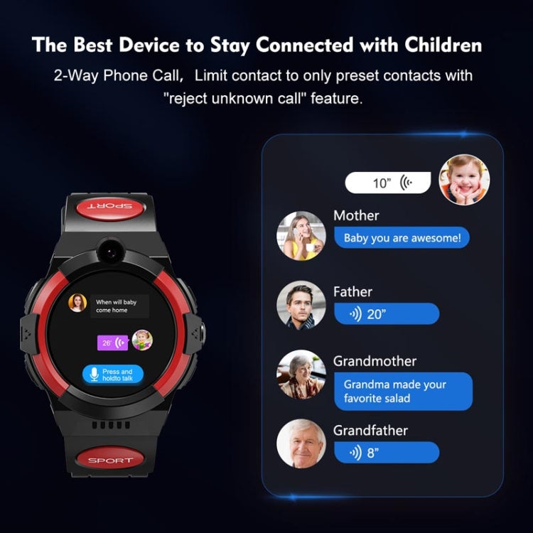Children 4G waterproof smartwatch with red bezel, black strap, digital touch screen