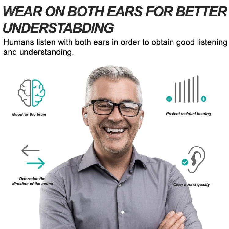 Smiling man wearing on-ear sound amplifiers on both ears