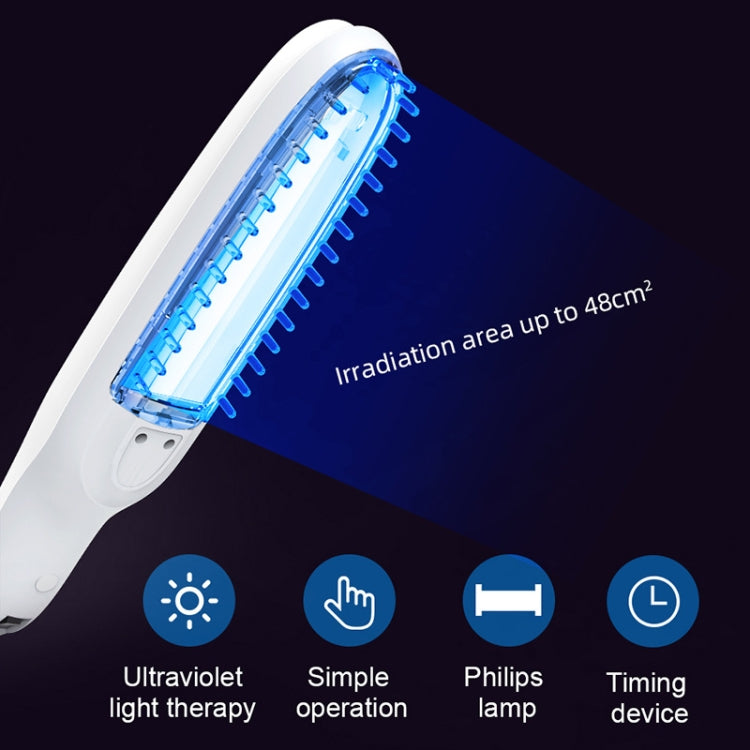 Portable UV lamp showing illuminated blue treatment area inside the clear head