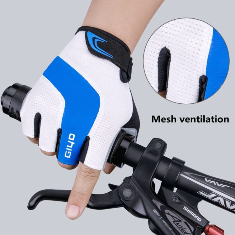 White and blue mesh bicycle half-finger gloves with gel palm padding and hook-and-loop wrist