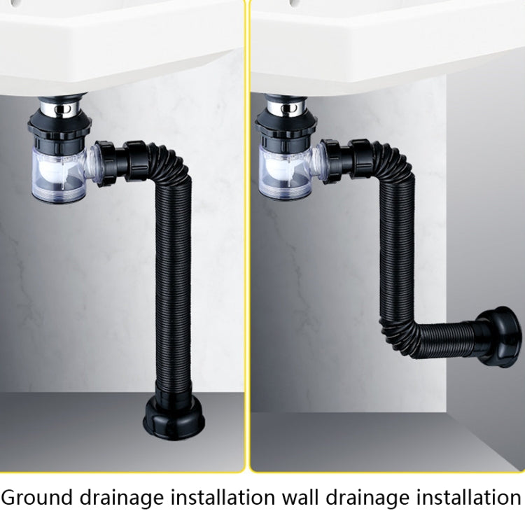 Black flexible sink drain hose and pipe connection under basin