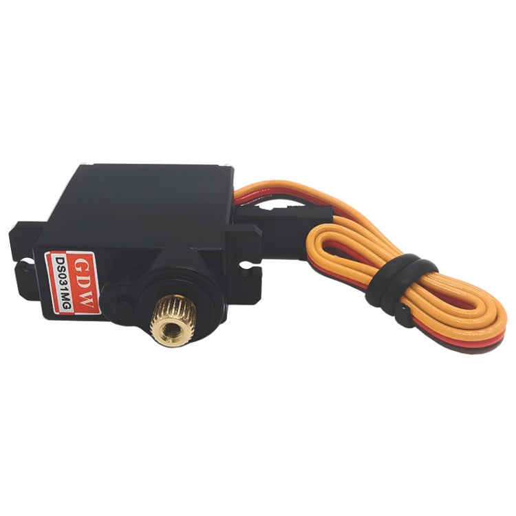 Black steering gear servo with brass output and bundled orange/red wire harness with connector.