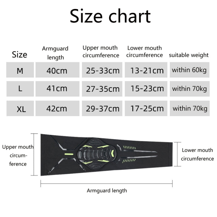 Arm guard size chart for M, L, XL with arm length and mouth circumferences