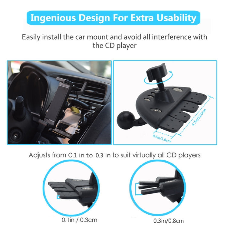 CD-slot car mount bracket base with adjustable hook arms for extra usability