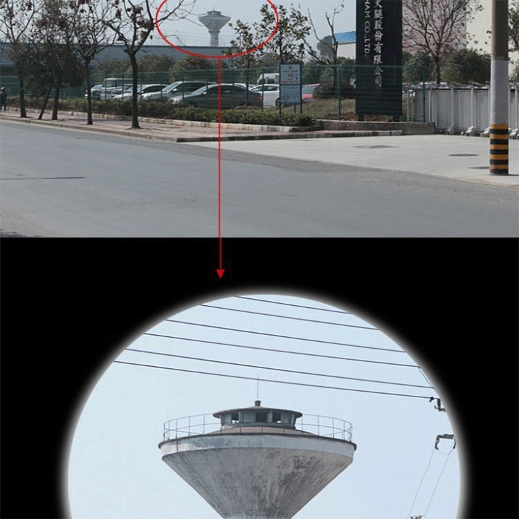 Binocular telescope view showing magnified distant tower through the eyepiece