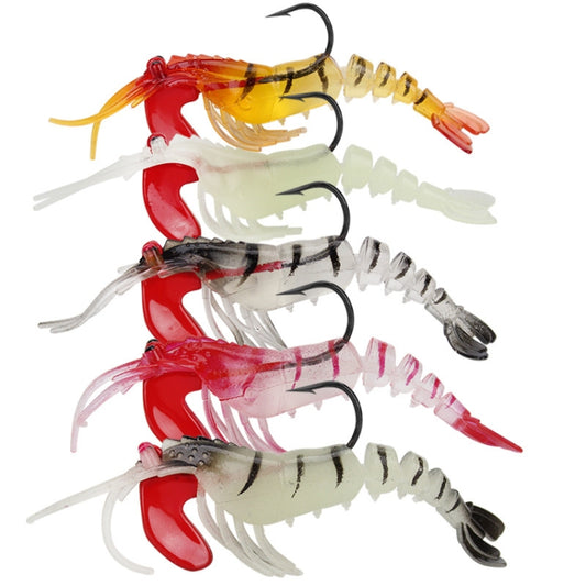 Set of soft fake shrimp fishing lures with lead head and barbed hook, mixed colors