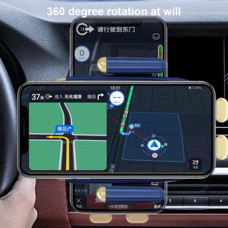 Car wireless phone charger holder with blue clamp, mounted on dashboard with phone