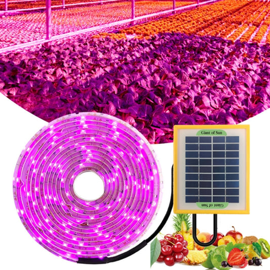 LED grow light strip ring with purple LEDs, black cable, and small solar panel controller