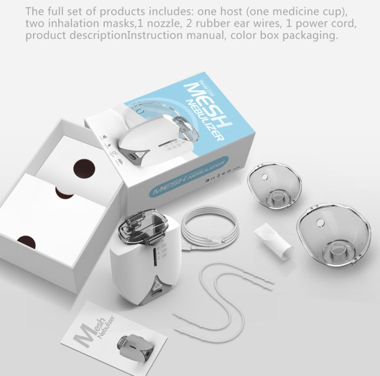 Nebulizer kit contents: host unit, masks, nozzle, ear wires, power cord and accessories