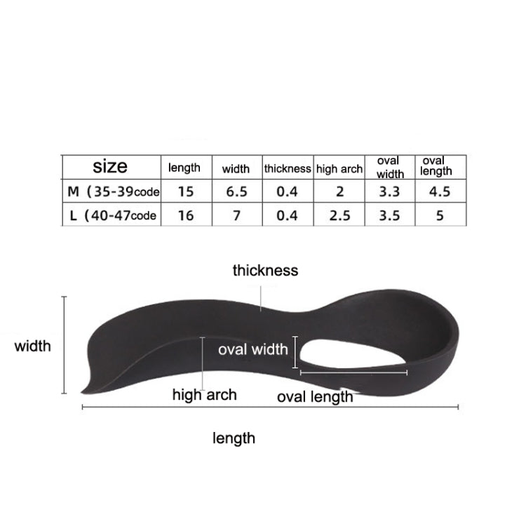 Orthopedic arch support insole size diagram with thickness, width, and length labels.