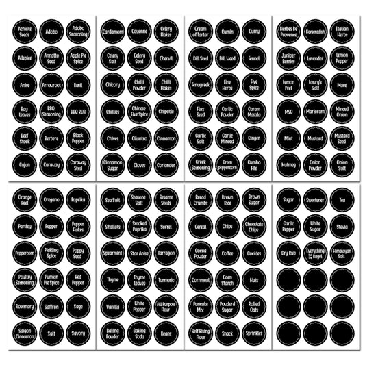 Spice jar label stickers sheet of circular black spice-name labels