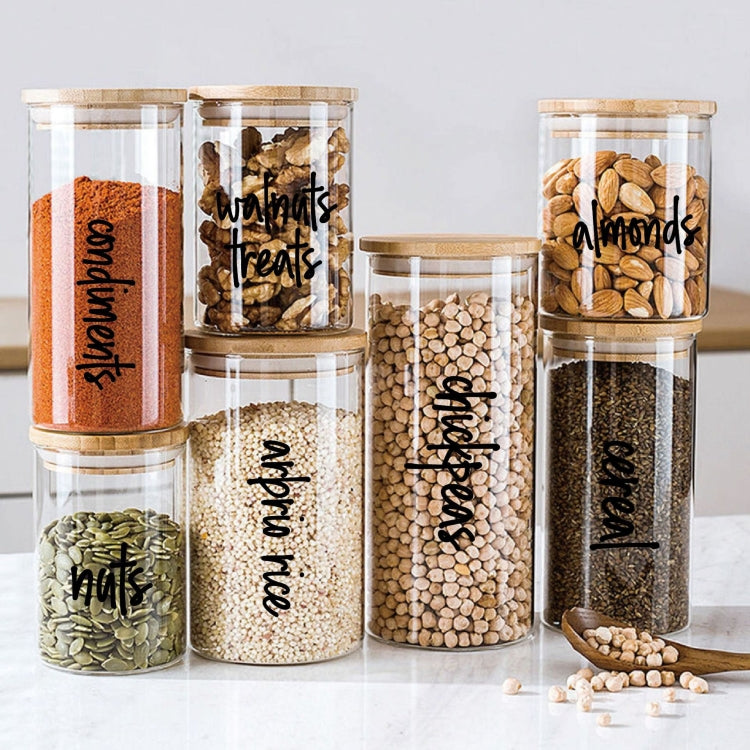 Pantry jar storage with waterproof food label stickers for flour, almonds, and more
