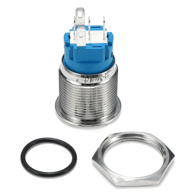 19mm metal push button switch with threaded body, blue terminal housing, and mounting ring