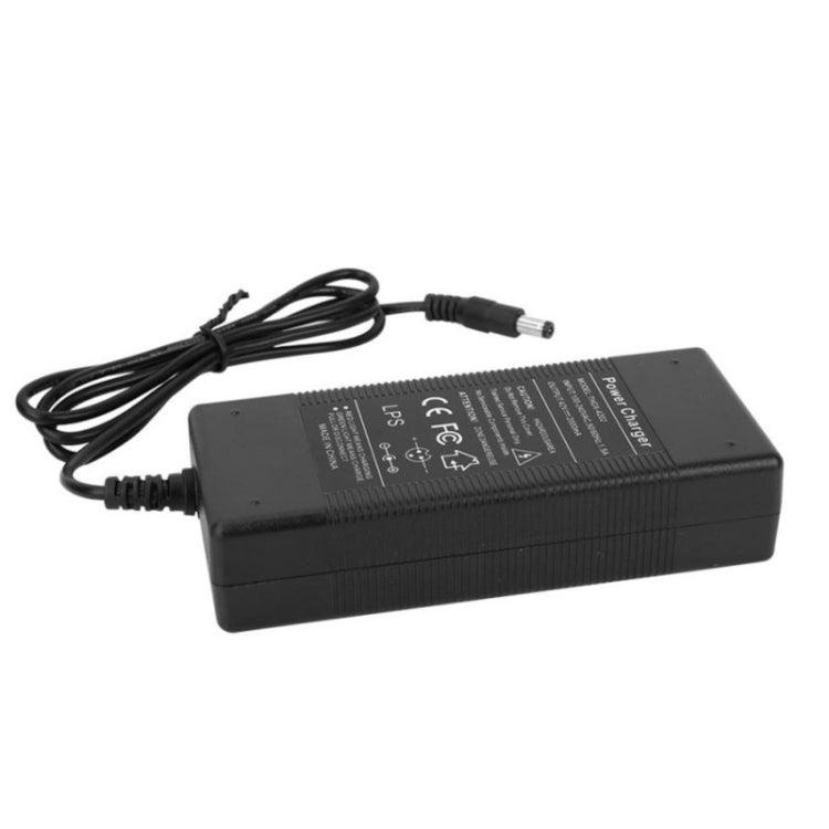 Electric scooter charger base with input/output label and DC barrel power cord