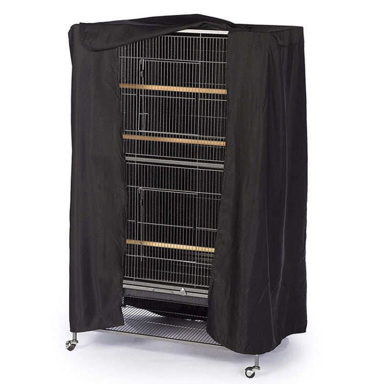Bird cage dust cover with open front, revealing bird cage bars inside