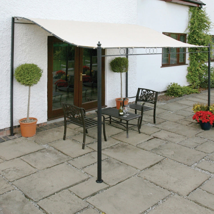 Off-white tent roof cover installed over patio seating frame