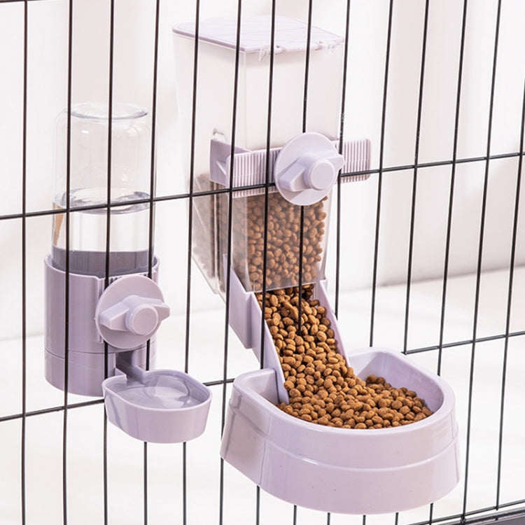 Lavender cat hanging feeder and drinker with clear water tank and stacked kibble bowls