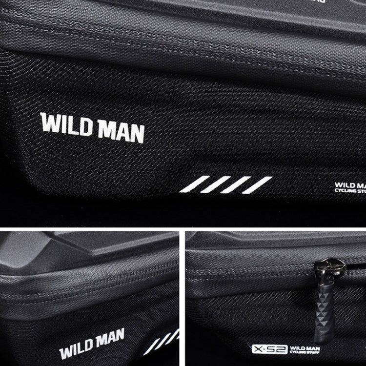 Black handlebar bag detail: WILD MAN logo, trim stripes, and zipper