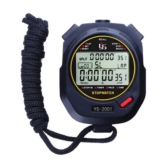Dark blue digital stopwatch with lanyard, front LCD display for running intervals
