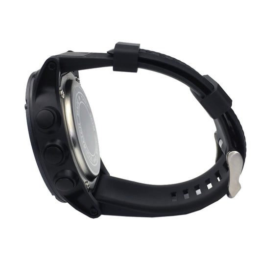 Digital sports stopwatch watch with black round case and black perforated silicone strap.
