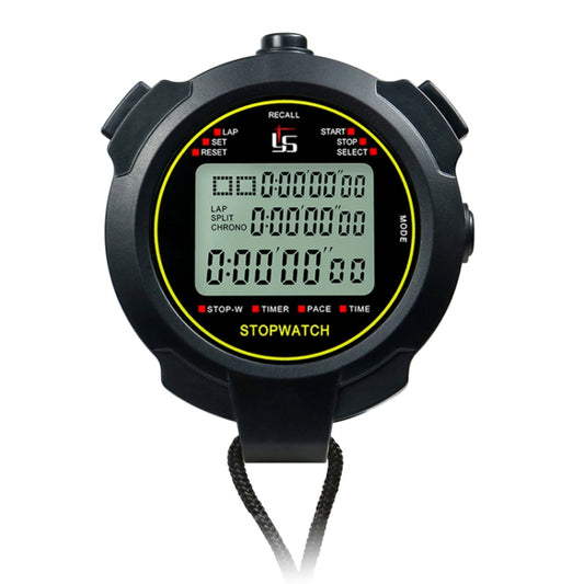 Black stopwatch with yellow ring around LCD display and multi-function timer buttons.