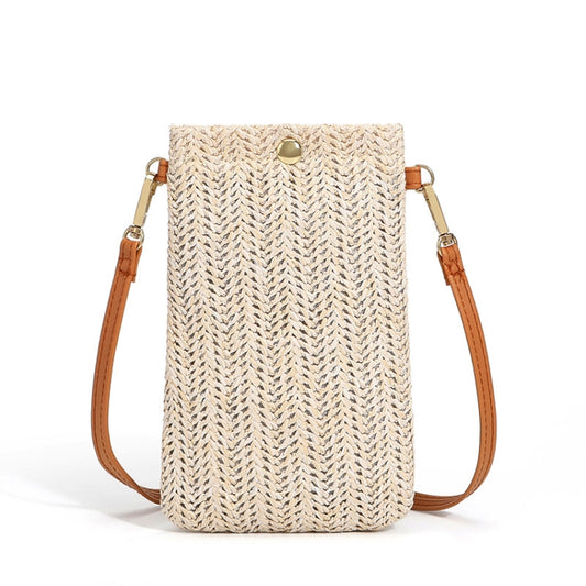 Summer Beach Bag Ladies One Shoulder Mobile Phone Bag Straw Coin Purse, Beige, Cream, Beige Magnetic Buckle, Cream Magnetic Buckle