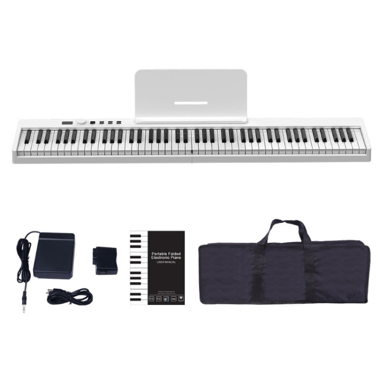 White 88-key folding electric piano with power adapter and carrying bag accessories