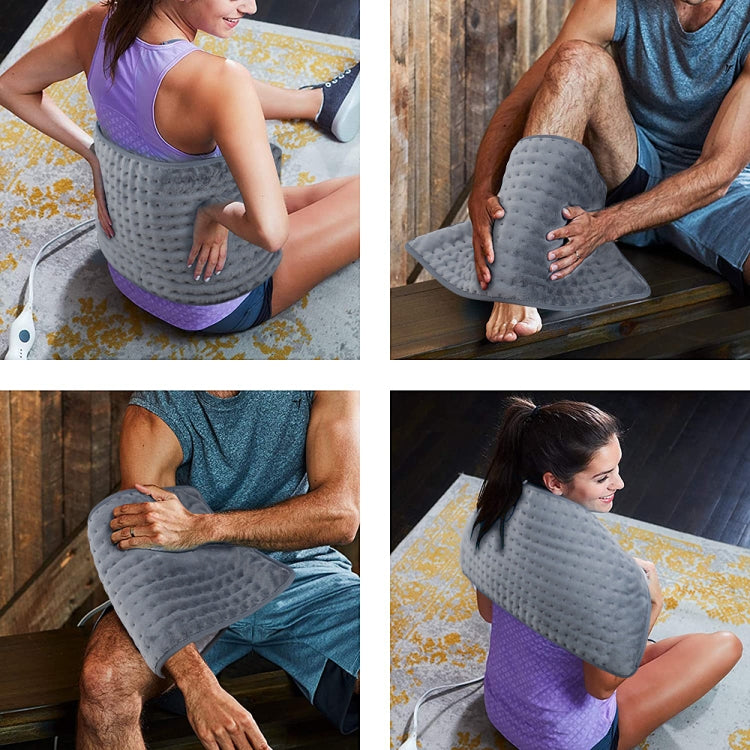 Heating pad in use on back and legs with controller cable visible