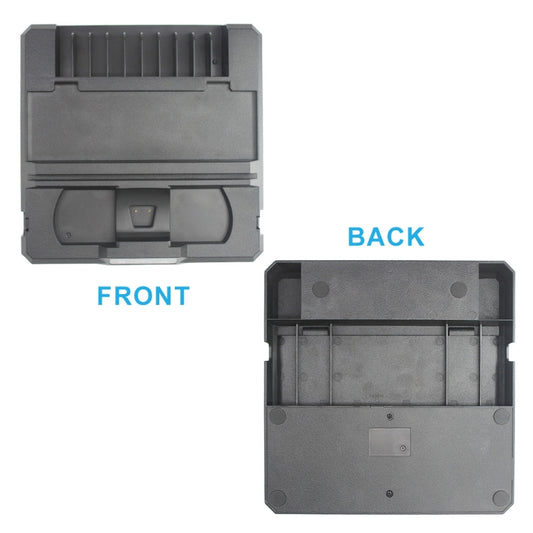 Black docking base, front and back views with storage compartments