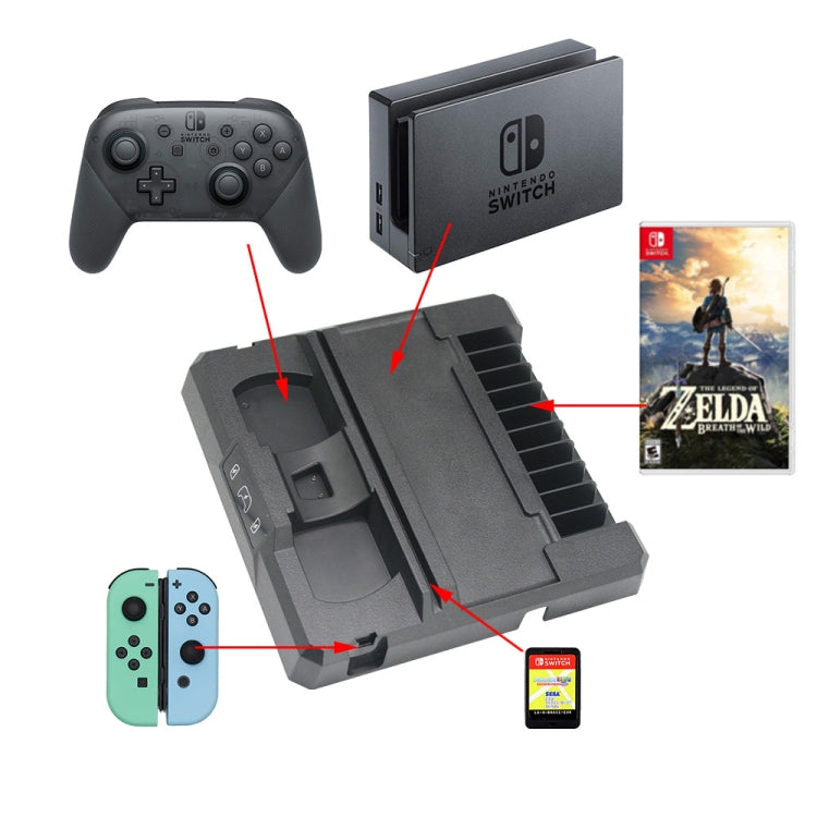 Black Nintendo Switch charging stand with controller cradle and game cartridge slot