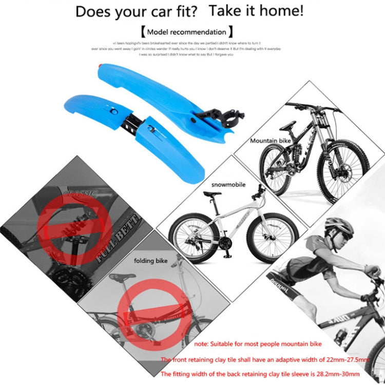 Blue quick-release mudguards with mounting clip, shown in a product diagram
