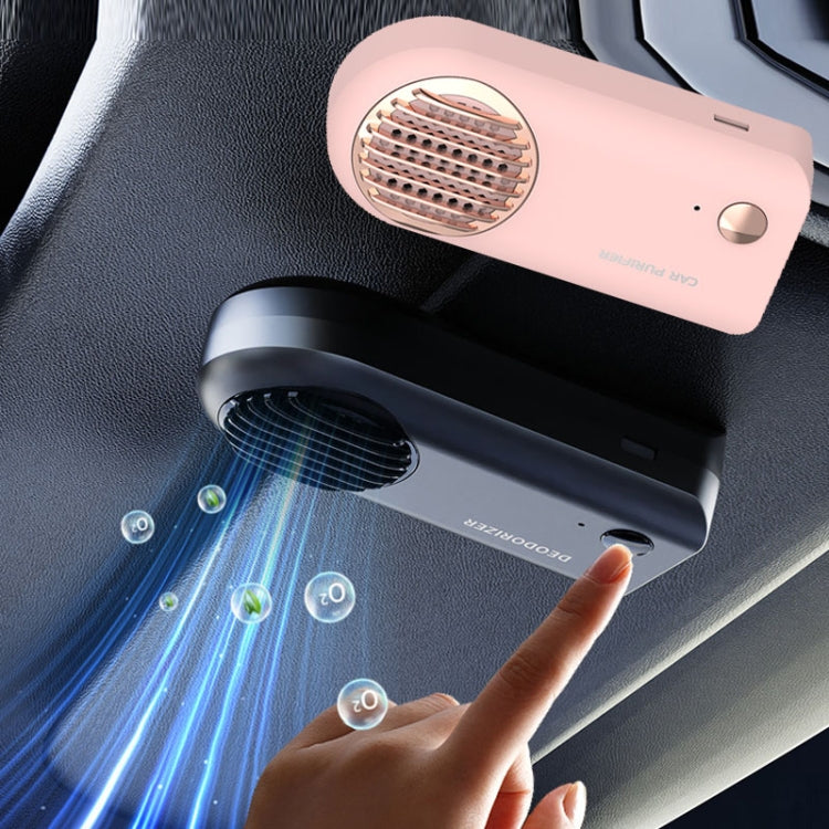 Grey mini car air purifier deodorizer on dashboard with blue airflow, finger pointing