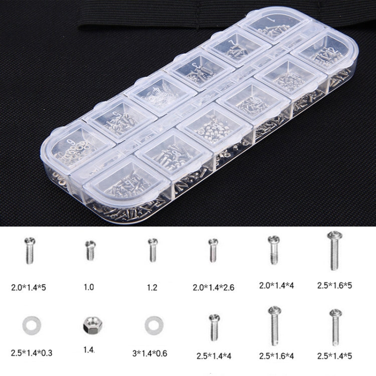 Clear organizer tray with small screws and screw sizes for glasses repair