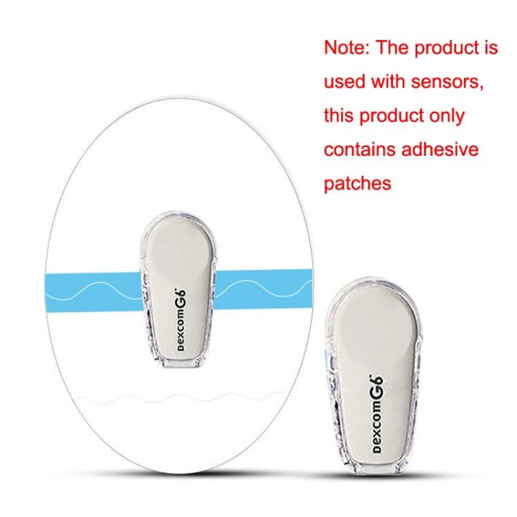 Two oval adhesive sensor patch stickers, transparent backing with blue stripe.