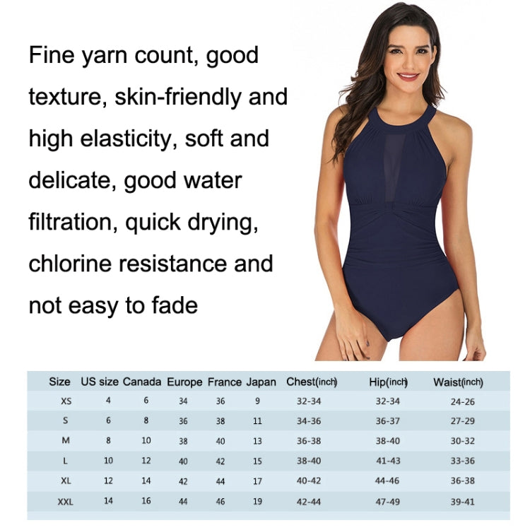 Navy halter neck one-piece swimsuit with smooth, chlorine-resistant fabric