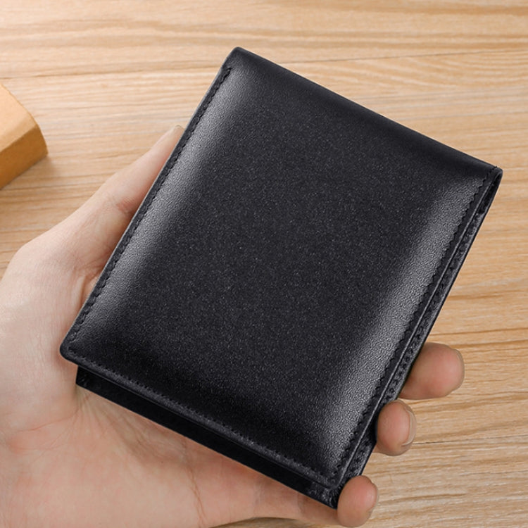 Black leather RFID tri-fold wallet front with smooth finish and stitched perimeter