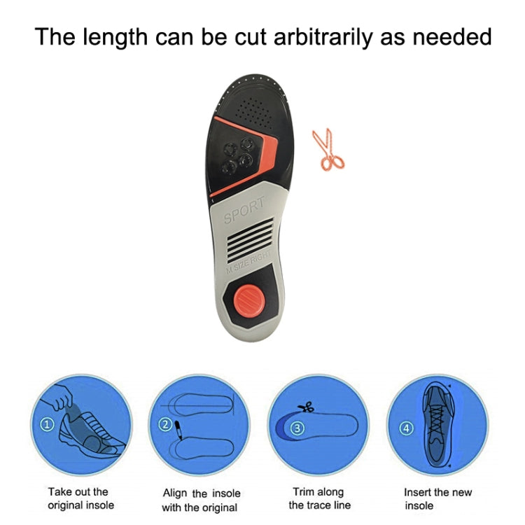 Cut-to-size insole diagram with length line and icons for trimming steps