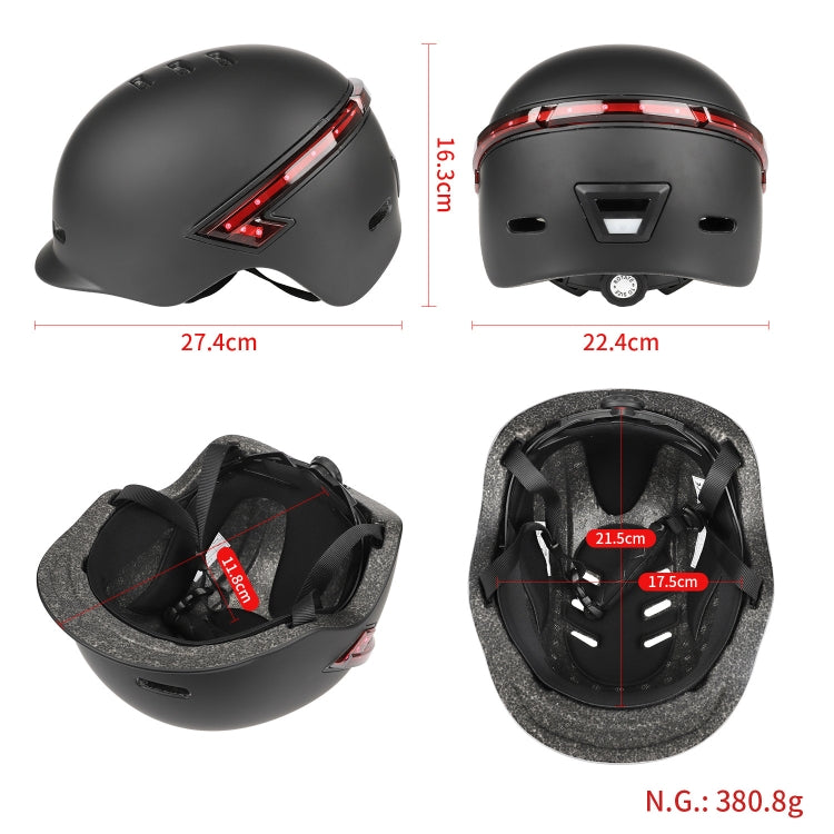 Cycling helmet with inner padding and straps, showing size and weight details