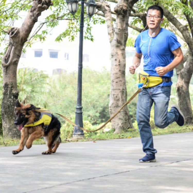 Yellow pet training waist bag worn on a person's hip during outdoor walking