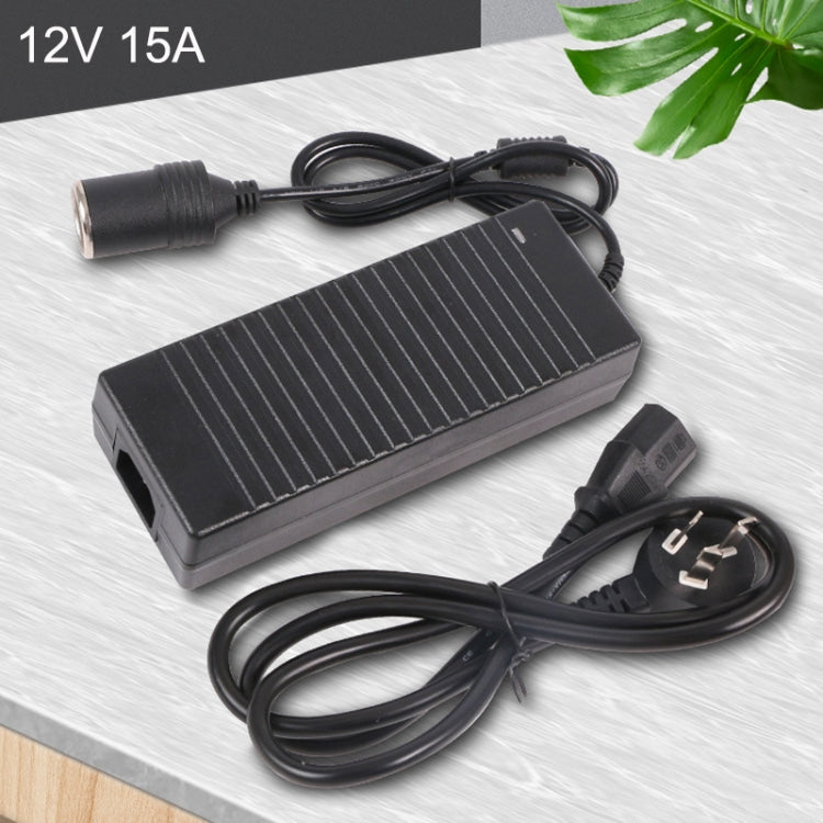 Black 220V-to-12V 12V 15A power converter with car plug and power cord