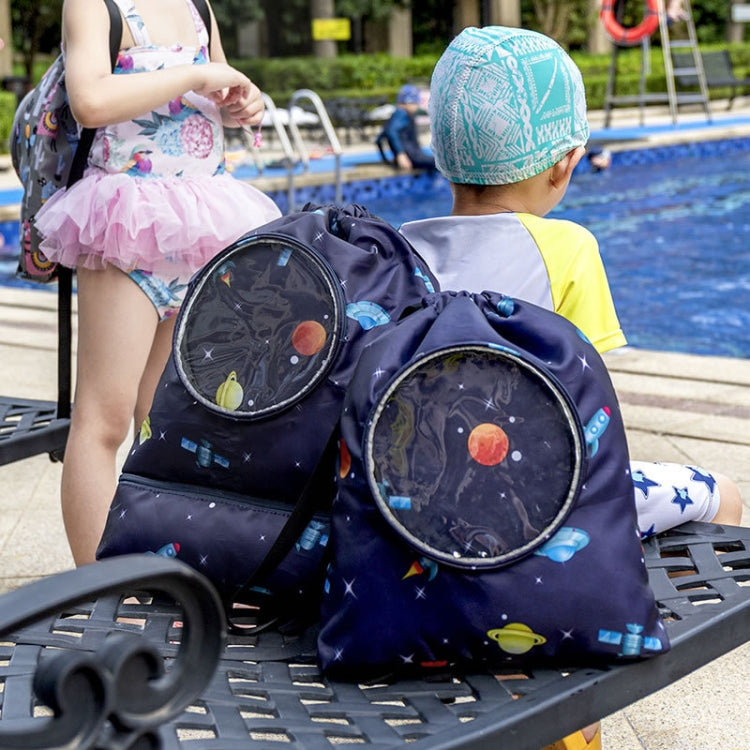 Children's dark blue space-print drawstring beach bag with two circular clear pockets