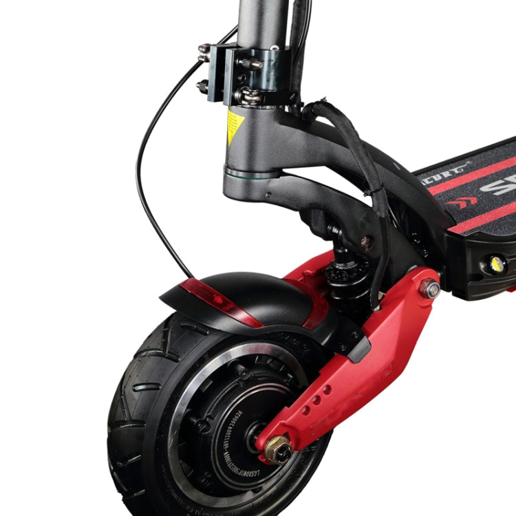 Red folding clamp installed on electric scooter frame near the rear wheel