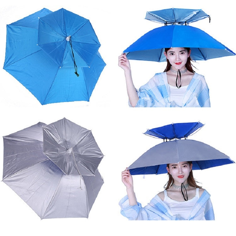 Double-layer fishing umbrella hats in blue and gray, with open canopies from multiple angles.