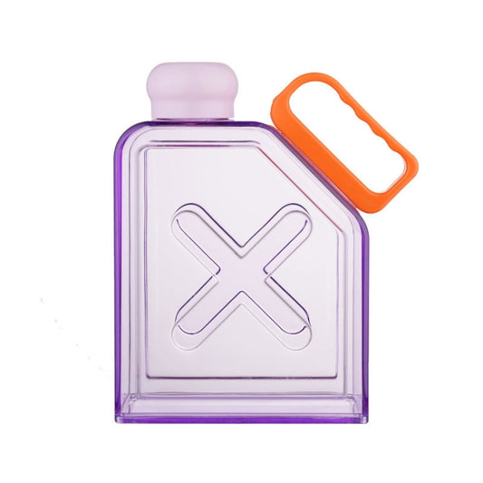 Square plastic water cup with handle, purple translucent body and orange carry handle