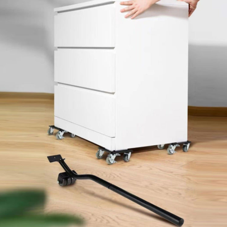 Heavy object moving tool under a white cabinet, with long handle and caster wheels