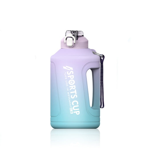 Purple-to-blue gradient straw cup sports bottle with flip lid, carry handle, scale markings