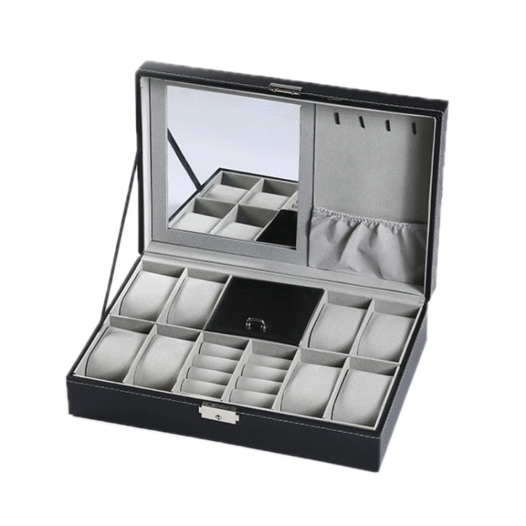 Black 8-bit watch display jewelry storage box with mirrored lid and divided compartments