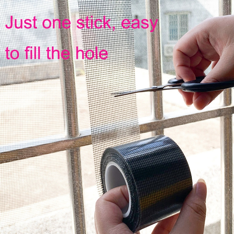 Hand applying mosquito screen repair mesh tape to a window opening